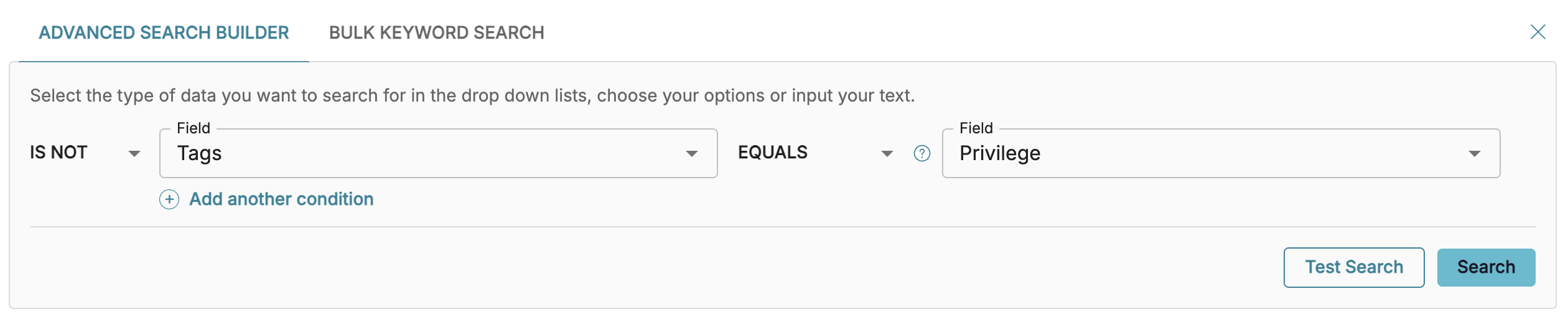 Search builder interface for filtering data based on tags and privileges.